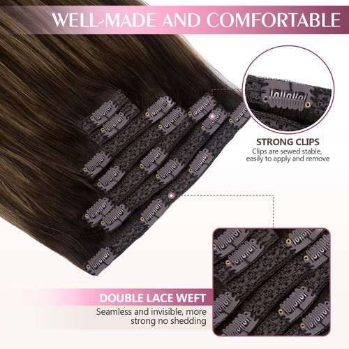 Fimislosion Real Hair Extensions Clip in Human Hair, Seamless Clip in Hair Extensions Real Human Hair, 18 Inch Clip ins extensions for women, Balayage Dark Brown to Middle Brown 120G 7Pcs