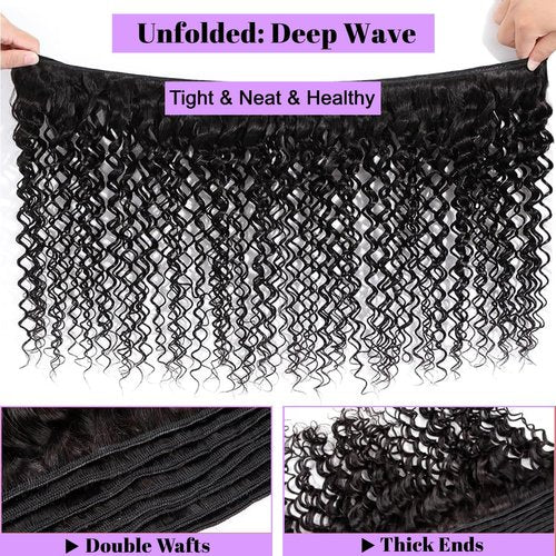 Deep Wave Human Hair Bundles 16 Inch Deep Wave Bundles 100% Unprocessed Brazilian Virgin Hair 1 Bundle Curly Bundles Hair Extensions Real Human Hair Wavy Quick Weave Bundle Natural Black