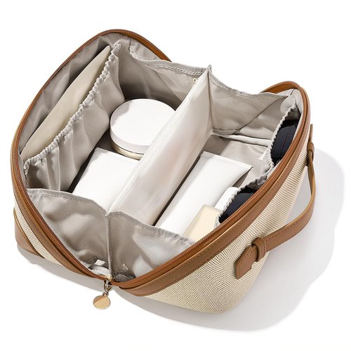 mibasies Flat Lay Travel Makeup Bag for Women, Dual-Zipper Cosmetic Bag, Large Capacity Toiletry Bag with Handle
