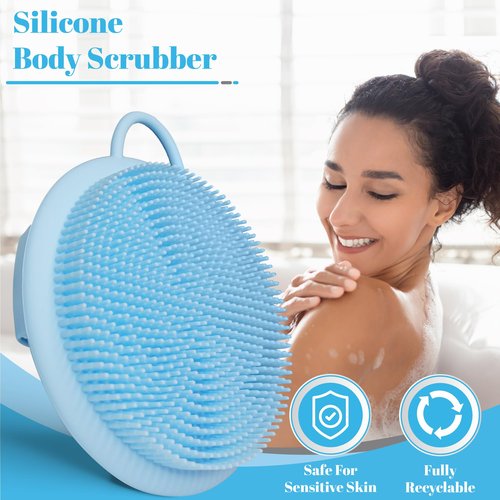 Blessence Body Silicone Scrubber - Blue Exfoliating Body Scrubber with Handle, Shower Brush & Bath Sponges for Personal Care