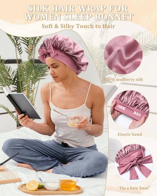 100% Mulberry Silk Bonnet for Women Hair Bonnet for Sleeping with Hair Scrunchy Elastic Tie Band Night Cap(Bean Paste)
