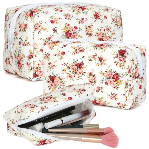 Aintmax 3 PCS Quilted Makeup Bag,Cute Floral Cotton Coquette Cosmetic Bag,Large Travel Toiletry Bag Makeup Brushes Storage Organizer for Women-Red Rose