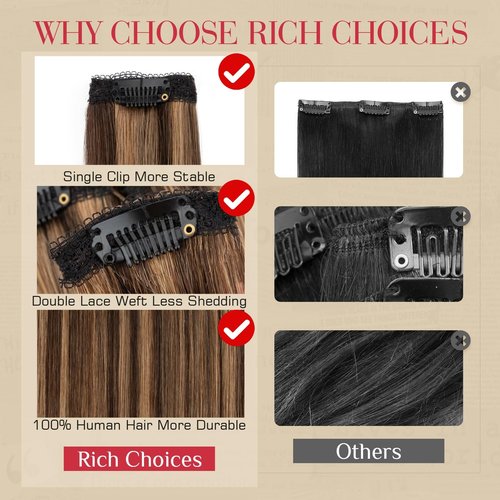 Rich Choices Real Human Hair Clip In Extensions-6 Pcs Single Clip Design-Invisible Clip in Extensions for Thin Short Hair-Hairpieces for Women-12 Inches #2RP6 Chocolate Brown Highlight Light Brown