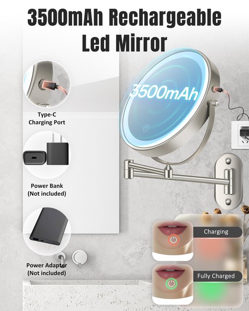 Wall Mounted Makeup Mirror with Light, 20X/1X 8'' Double Sided LED Magnifying Bathroom Lighted Vanity Mirror with Magnification, 3 Color Light up Touch Dimmable Extended Arm 360 Rotation