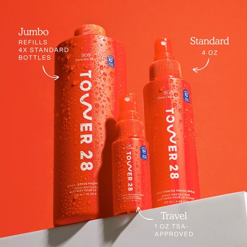 Tower 28 SOS Daily Rescue Facial Spray for Sensitive Skin, Hypochlorous Acid Spray Helps Reduce Redness and Breakouts, Full Size Toner for Face, 4 FL Oz