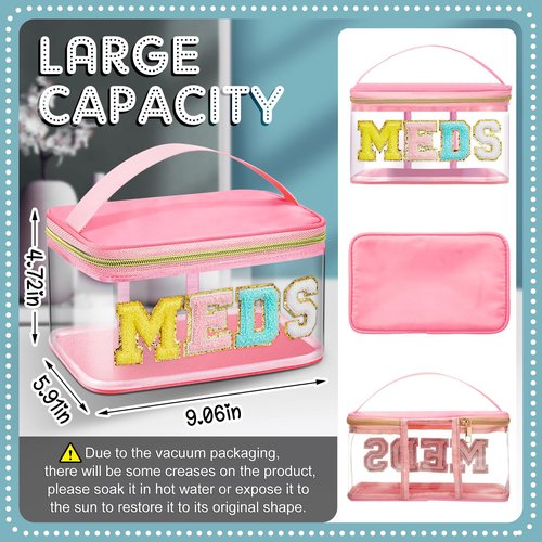 Geetery Chenille Letter Bag, Meds Cheer Travel Cases Cheerleader Gifts Cosmetic Bag Nylon Makeup Portable Preppy Patch with Zipper Toiletry Storage Case for Women(Pink,Meds)
