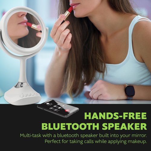Homewerks 76-101-BT 7.5-inch Personal Makeup Mirror with Bluetooth Speakers and LED Lighting, Handheld Bluetooth Vanity Mirror with Lights for Bathrooms, Bedrooms, or Dorm Room Essentials
