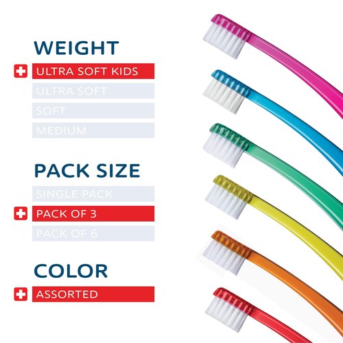 TELLO 4480 Adult or Child Ultra Soft Swiss Toothbrush with Smaller Head for Gentle Cleaning with Ergonomic Handle, 3 Count