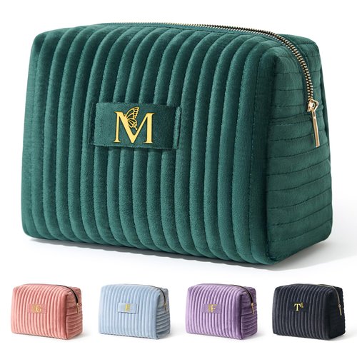 COSHAYSOO Personalized Fall Gifts for Women 30th 40th Birthday Unique New Mom Mother Wife Girlfriend Gift Ideas, Initial Quilted Makeup Bags Travel Green Cosmetic Velvet Skin Care Pouch Letter M
