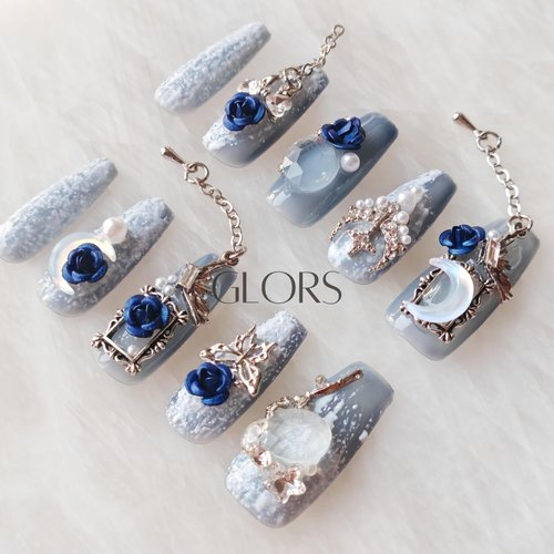 GLORS Handmade Press On Nails, 3D Blue Rose Design with Moon Charms, Long Coffin Style, 10 Pieces (Small,LB)