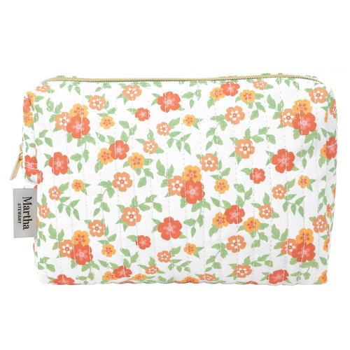 Martha Stewart Quilted Makeup Bag, Compact Cosmetic Organizer for Women, Small Zipper Pouch with PVC Lining, 8.75" x 4" x 6" (Floral Cloud Dancer)