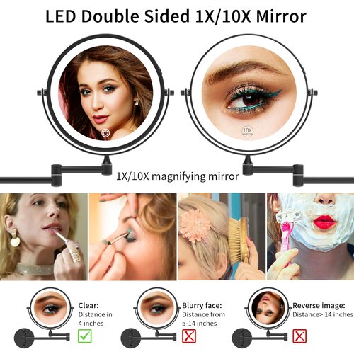 WZRUA 8 Inch Lighted Makeup Mirror Rechargeable Wall Mounted,Double-Sided 1X/10X Magnification,Dimmable 360° Swivel Extendable Bathroom Mirror Matte Black