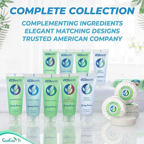 EcoEarth Hotel Toiletries Bundle (Spring Breeze, 1 oz Each, 125 Pieces) 5-Piece Set: 25 Each Round Bar Soap, Shampoo, Conditioner, Body Lotion & Body Wash - Bulk Mini Guest Amenities