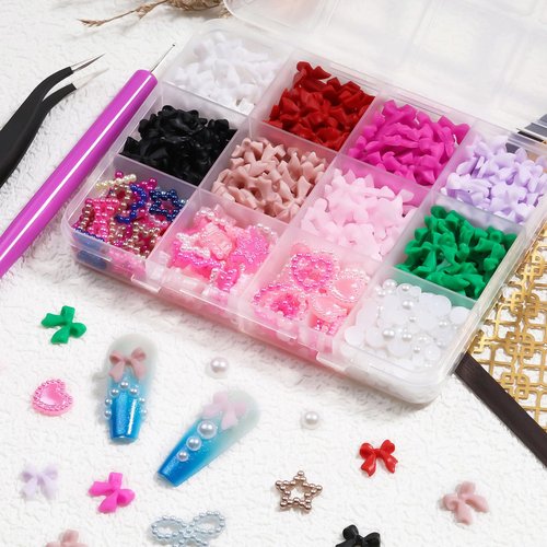 650+ Pcs 3D Nail Art Charms Kit with Flatback Pearls - 8 Colors Bow Charms, Star Moon Heart Jewels & 3-6mm Mixed Size Pearls for Professional Manicure Designs, Includes Dual-End Brush and Tweezers