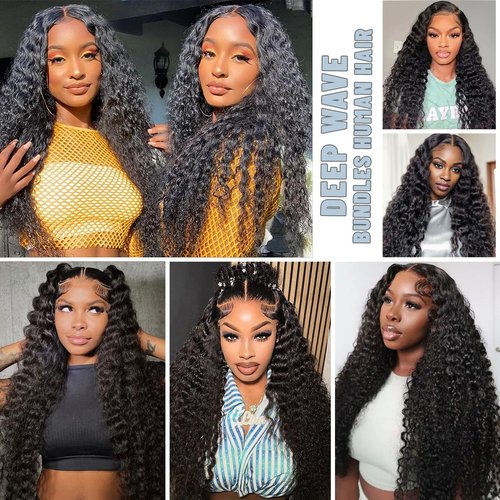 1 Bundle Human Hair 12A Deep Wave Bundles Human Hair 22 Inch 100% Unprocessed Brazilian Virgin Hair Quick Weave Bundles Real Human Hair Extensions Natural Black