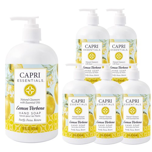CAPRI ESSENTIALS Hand Soap Liquid, Natural Household Cleaning Supplies, Gentle Plant Based Aromatic Hand Wash, Blend of Essential Oils, Removes Dirt & Grime, Lemon Verbena Scent, 16 FL Oz (6 Pack)
