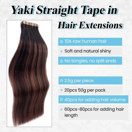 Balayage Yaki Tape in Hair Extensions Human Hair, Light Yaki Straight Tape ins Human Hair Extensions for Black Women 14 Inch Natural Black with Chocolate Brown Highlight Remy Extension with Dark Roots