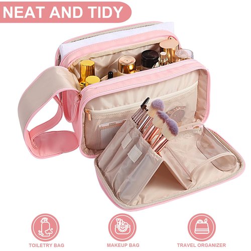 UPIUU Mothers Day Gifts, Toiletry Bag, Gifts for Women Mom, Large Cosmetic Bag, Travel Essentials,Toiletries Organizer Case for Grooming, Excellence PU Leather, Vertical Brush Holder, Pink