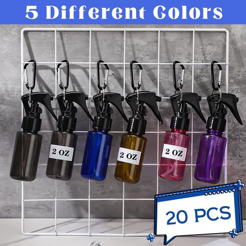 Roshtia 20 Pcs Small Spray Bottle with Keychain 2 oz Plastic Mini Spray Bottles Refillable 60ml Travel Size Spray Bottle with 1 Sheet Sticker Empty Hand Sanitizer Containers for Face Wash, 5 Colors