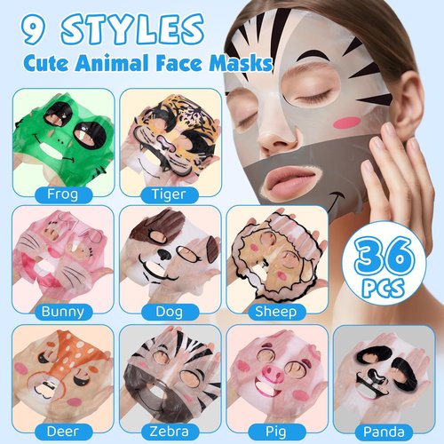 KONEUK 36 Pack Cute Animal Kids Face Mask, Sheet Collagen Moisturizing Face Mask for Girls Teens, Stocking Stuffers for Wome, Bulk Spa Party Gifts and Birthday Gifts