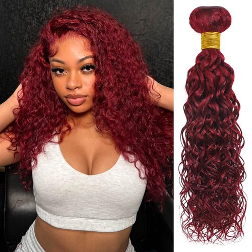 ALHER #99j Dark Burgundy Bundles Human Hair Water Wave, 12A Soft Thick Plum Cherry Wine Red Colored Wet n Wavy Single Bundle Salon-Grade 100% Unprocessed Virgin Hair Extensions Sew In Weft 12 Inch
