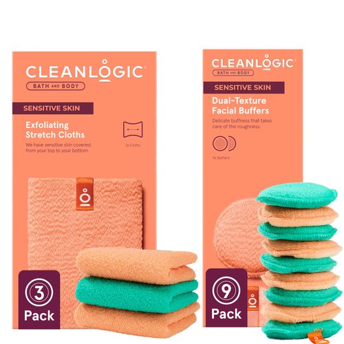 Cleanlogic Daily Skincare Set for Sensitive Skin – 3 Exfoliating Body Cloths + 9 Gentle Makeup Remover Facial Pads, Soft Texture for Smoothing & Cleansing
