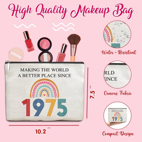 TOBYOVU 50th Birthday Gifts For Her, Women – Gifts for 50th Birthday – Mothers Day Bags For Woman – 50th Bday Decorations For Sister, Female, Friends – 1975 Canvas Makeup Bag – Turning 50th Gift