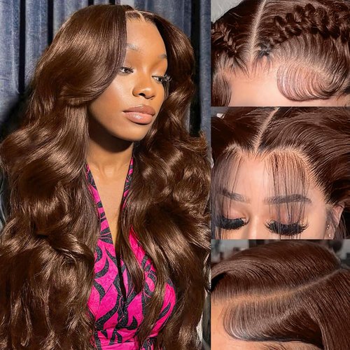 Brown Closure 4x4 Human Hair #4 Chocolate Closure Transparent Lace Front Body Wave Pre Plucked Baby Hair High Density 100% Unprocessed Brazilian Virgin Human Hair 18 Inch