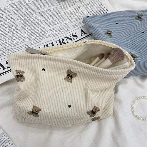 RSRSLEII Corduroy Travel Makeup Bag with Bear Pattern, Cosmetic Bag for Purse Organizer, Toiletry Bag with Zipper For Women Travel Essentials(02Beige)