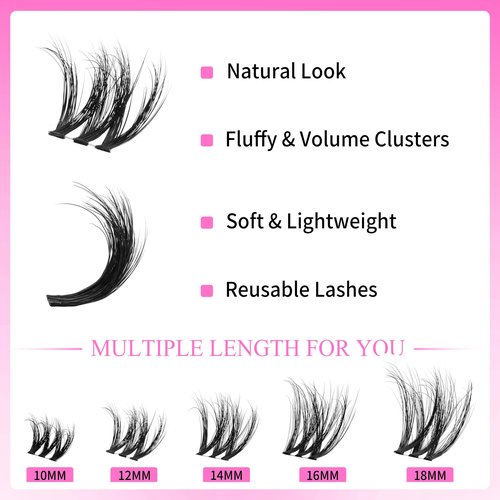 VEYESBEAUTY Lash Clusters Fluffy Individual Lash Extensions VBmuse 3D Layered Volume Eyelashes Thin & Invisible Band Wispy Faux Mink Lash Newbie's Five-Second Mixed Length 10-18mm