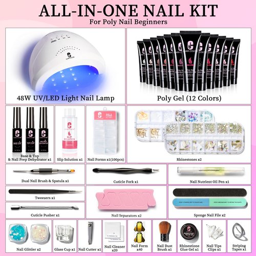 Clara Colors Poly Gel Nail Kit, 12 Colors Clear Jelly Nude Pink Poly Extension Gel Nail Kit with 48W UV Lamp All In One Polygel Nail Kit Starter Kit with Slip Solution and Tools for Nail Art DIY