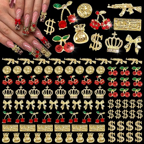 Pizadix 106 Pcs Gold Nail Charms with Dollars Sign, Coins, Cherries, Crowns, Guns and Bows for Nail Art Decoration Jewelry