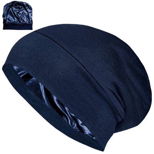 ALEXANDER PRODUCTS Satin Lined Sleep Cap Adjustable Bonnet Slouchy Beanie Slap Hat for Natural Curly Girls and Frizzy Hair Cap for Women Blue