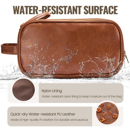 IUI Toiletry Bag for Men - Large Mens Travel Bag Toiletries Organizer- Shaving Bag for Toiletry Bathroom Water-resistant Hanging Dopp Kit PU Leather Cosmetic Bags for Traveling, Brown