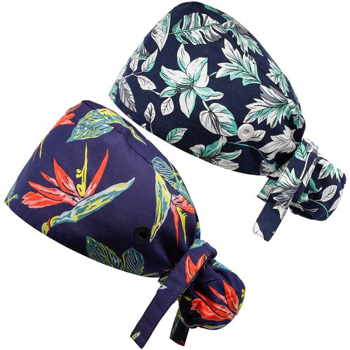 Hotme Working Cap with Buttons and Sweatband Adjustable Ribbon Tie Ponytail Hats for Women,Long Hair Head Covers Hair Caps