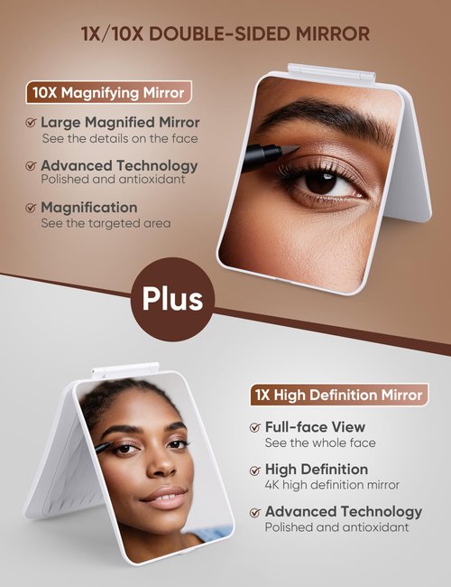 klarh Travel Makeup Mirror with 1X/10X Magnifying, Portable Folding Make Up Tabletop Mirror for Office, Compact Vanity Mirror for Travel (Pearl White, No LED Lights)