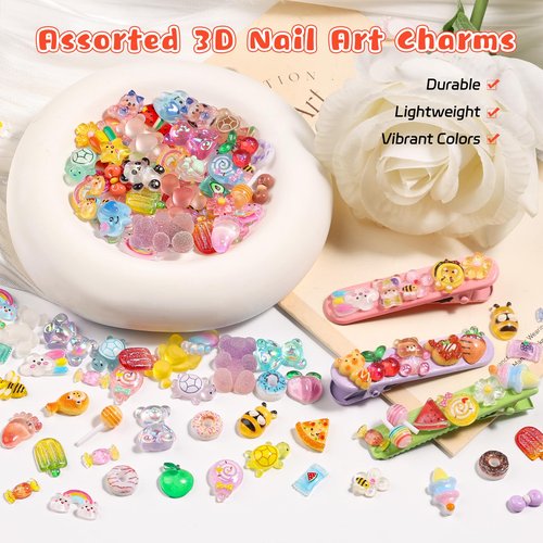 Kikonoke 300PCS Kawaii Nail Charms Kit, 3D Animal & Candy Resin Charms for Acrylic Nails, Cute Bear Bee Fruit Nail Art Supplies with Tweezers for DIY Crafts & Shoe Decor