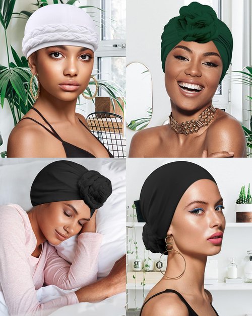 Babalet Halo Turban for Men Women Satin Lined Durag Skull Cap Pre-Tied Handmade Braids Tail Beanie Sleeping Bonnet,Black