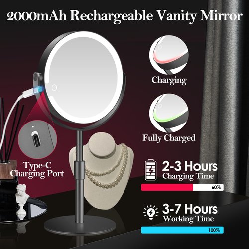 PEDOMIROR Led Makeup Mirror with Lights, 20X Magnifying Mirror, Rechargeable Magnified Makeup Mirror with 360°Rotation & Height Adjustable, Detachable Vanity Mirror(Black)