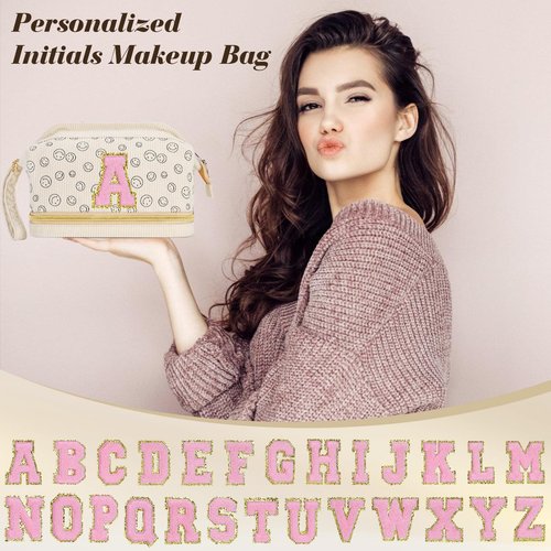 Travel Makeup Bag, Personalized Large Double Layer Make Up Gift Cosmetic Bag for Women, Initials Wide-open Makeup Pouch Organizer Bag for Girls, Roomy Makeup Travel Bags - T