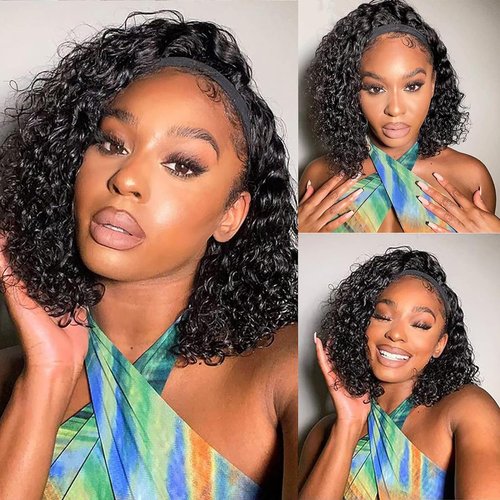 Unvizossa Headband Wig Human Hair Deep Wave None Lace Front Wigs Human Hair Curly Headband Wigs for Black Women 150% Density Natural Color 14 Inch