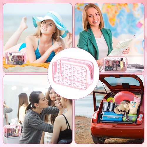 Kacctyen 12 Pcs Pink Bow Cosmetic Bag Coquette Preppy PVC Makeup Bag Bulk Clear Zippered Travel Toiletry Pouch Gift for Women Birthday Party Favor Bridal Shower