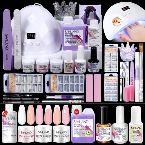 SAVILAND Acrylic Nail Kit: Professional Nails Kit Set Clear White Pink Acrylic Powder and Liquid Set with U V Nail Lamp Nail Remover for DIY Home Use