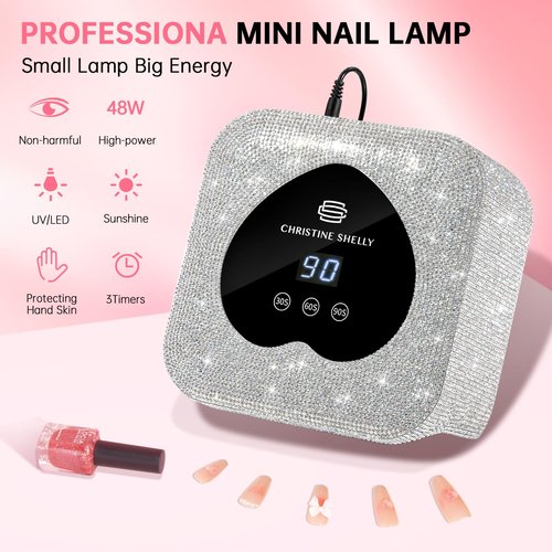 UV Nail Lamp, CHRISTINE SHELLY UV Light for Gel Nails, 48W Plug-in Mini Diamond Nail Lamp Nail Dryer with Touch Control Auto Sensor and 3 Timer Settings Nail Light Curing Lamp, Home, White Diamond