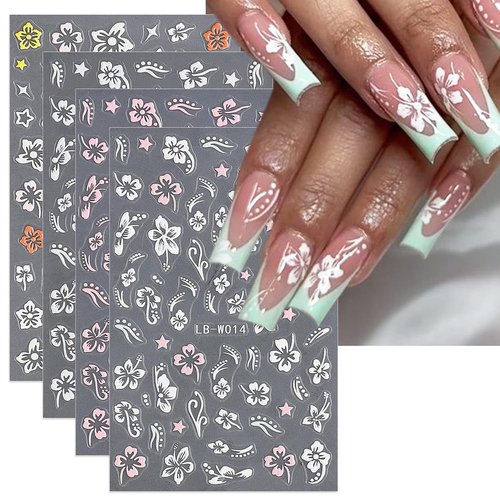 3D Hibiscus Flower Nail Art Stickers - Self-Adhesive Gold, Pink, White Design Decals for Women's Nail Decoration - 4 Sheets