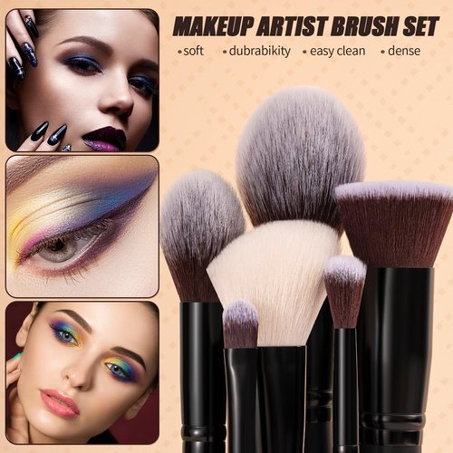 ZAMEL Professional Makeup Brush Set - 15pcs Labeled Black Foundation & Eyeshadow Brushes with Travel Case, Cruelty-Free Premium Synthetic hair Soft Bristles, Ideal for Women & Makeup Lovers