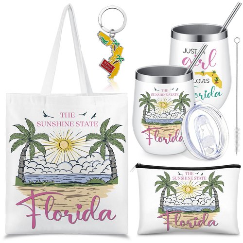 Paterr 4 Pcs City Souvenirs Gifts Texas Canvas Bag California Makeup Bag Italy 12oz Stainless Steel Tumbler with Lid Florida Keychain Travel Lover Gifts Souvenirs for Women Men (Florida)