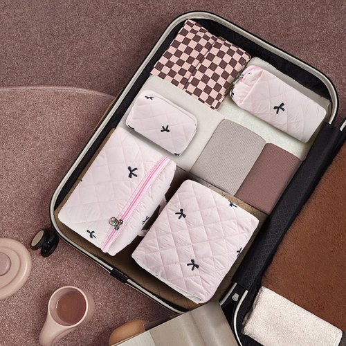 GISMTR 4Pcs Quilted Makeup Bag Set Cute Floral Cosmetic Bag Cotton Coquette Make up Bag Aesthetic Travel Toiletry Bag for Women Girls
