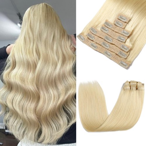 Rimoss Clip in Hair Extensions Real Human Hair - 120g 12 Inch 7pcs, Bleach Blonde Color - Premium Soft Remy Hair Extensions Real Human Hair Clip ins Straight for Women (#613 12 Inch)
