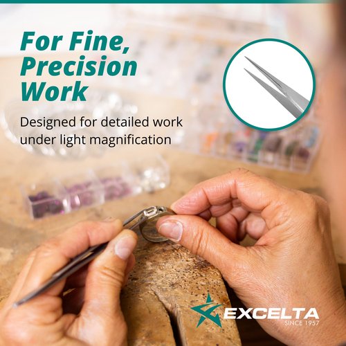 Excelta 3-SA-PI Straight Very Fine Precision Pointed Tweezers, 4.75 Inch, Conductive Anti-Magnetic Stainless Steel 316L, Ideal for Magnification Work, Made in Italy, Intermediate
